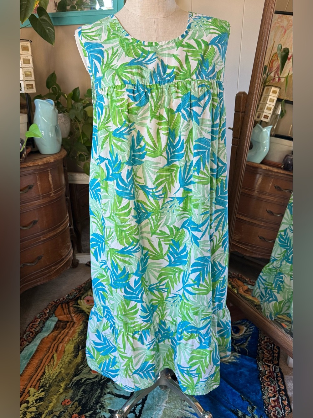 Easy Essentials Teal /green Tropical Leaf Summer Breezy Pockets Sun Dress, 1X
